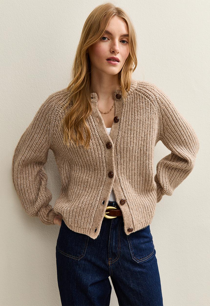 New Look - Ribbed Knit Raglan Sleeve Cardigan - camel