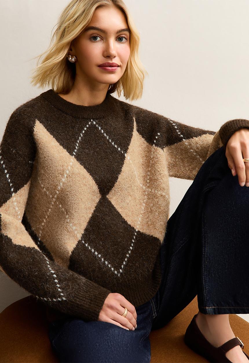 New Look - Argyle Crewneck Jumper - brown