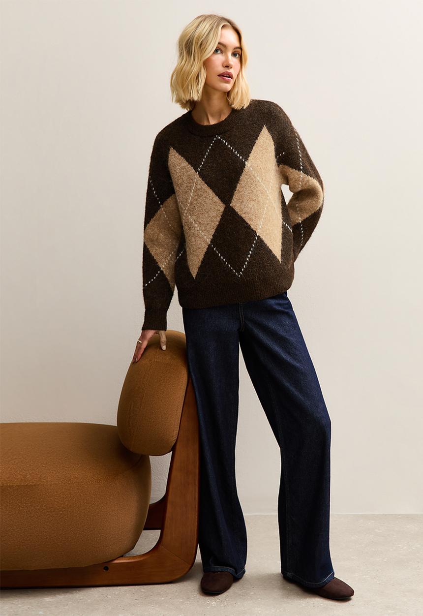 New Look - Argyle Crewneck Jumper - brown
