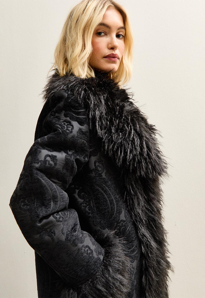 New Look - Printed suedette mix fur coat - black