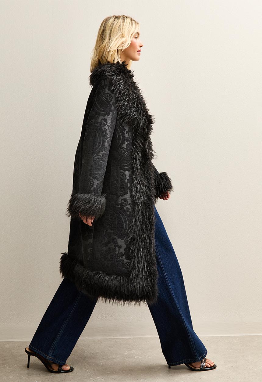 New Look - Printed suedette mix fur coat - black