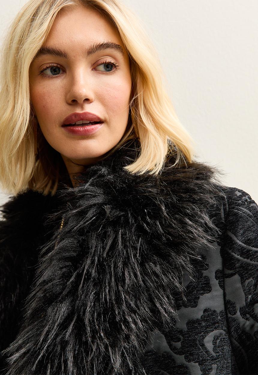 New Look - Printed suedette mix fur coat - black
