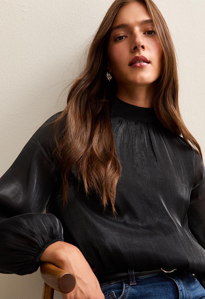 New Look - Gigi glass bubble hem ls shell - black