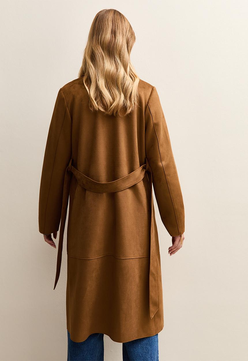 New Look - Faux Suede Belted Duster Coat - tan