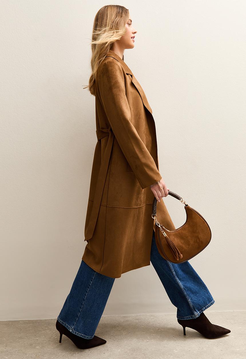 New Look - Faux Suede Belted Duster Coat - tan