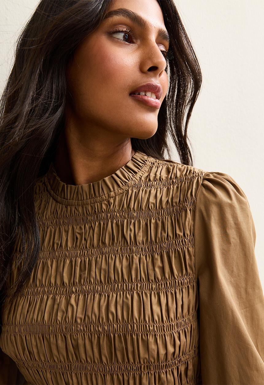 New Look - Ex ls poplin shirr bodice mini - camel