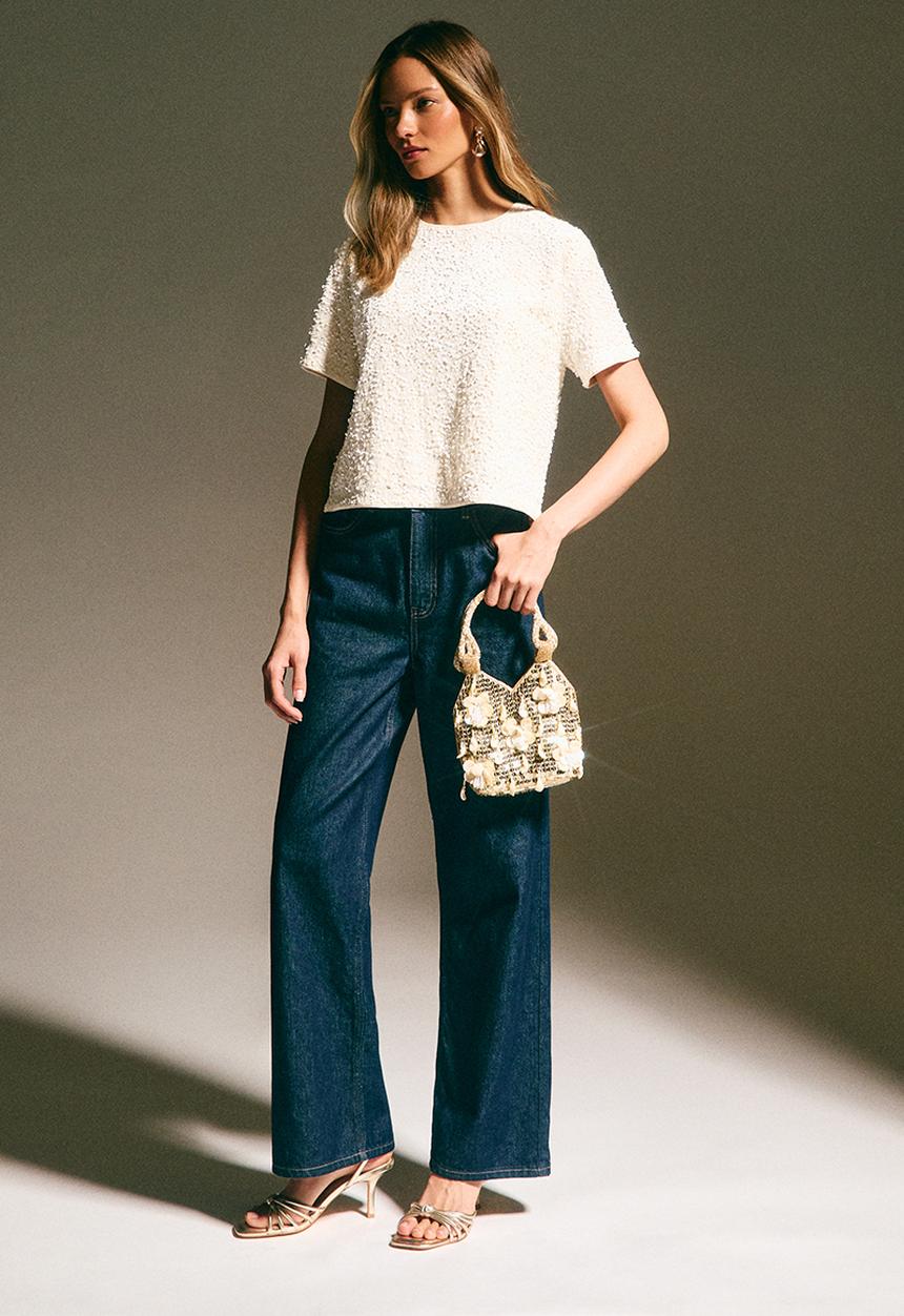 New Look - Go velvet sequin tee - cream