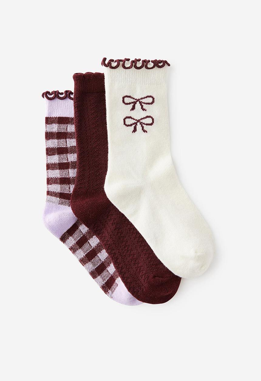Cotton On - 3Pk Crew Socks - Bordeux/Vintage Lilac Bows 1