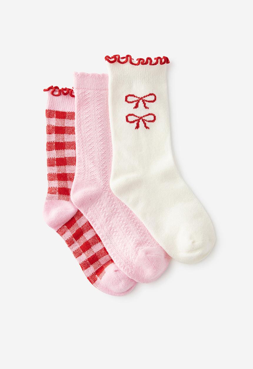 Cotton On - 3Pk Crew Socks - Blush Pink/Varsity Red Bows