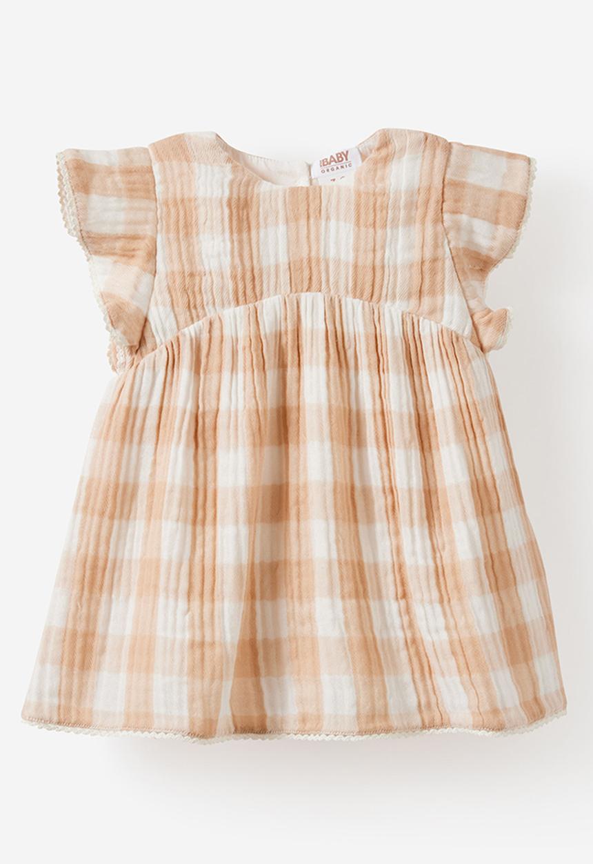 Cotton On - ORGANIC WOVEN FLUTTER SLEEVE DRESS - LATTE CREAM/GINGHAM
