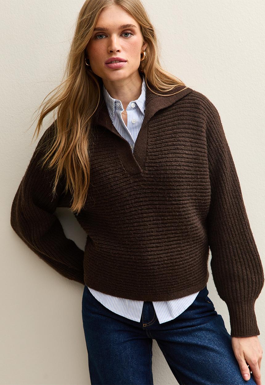 New Look - Stitchy Polo Batwing Jumper - dk brown