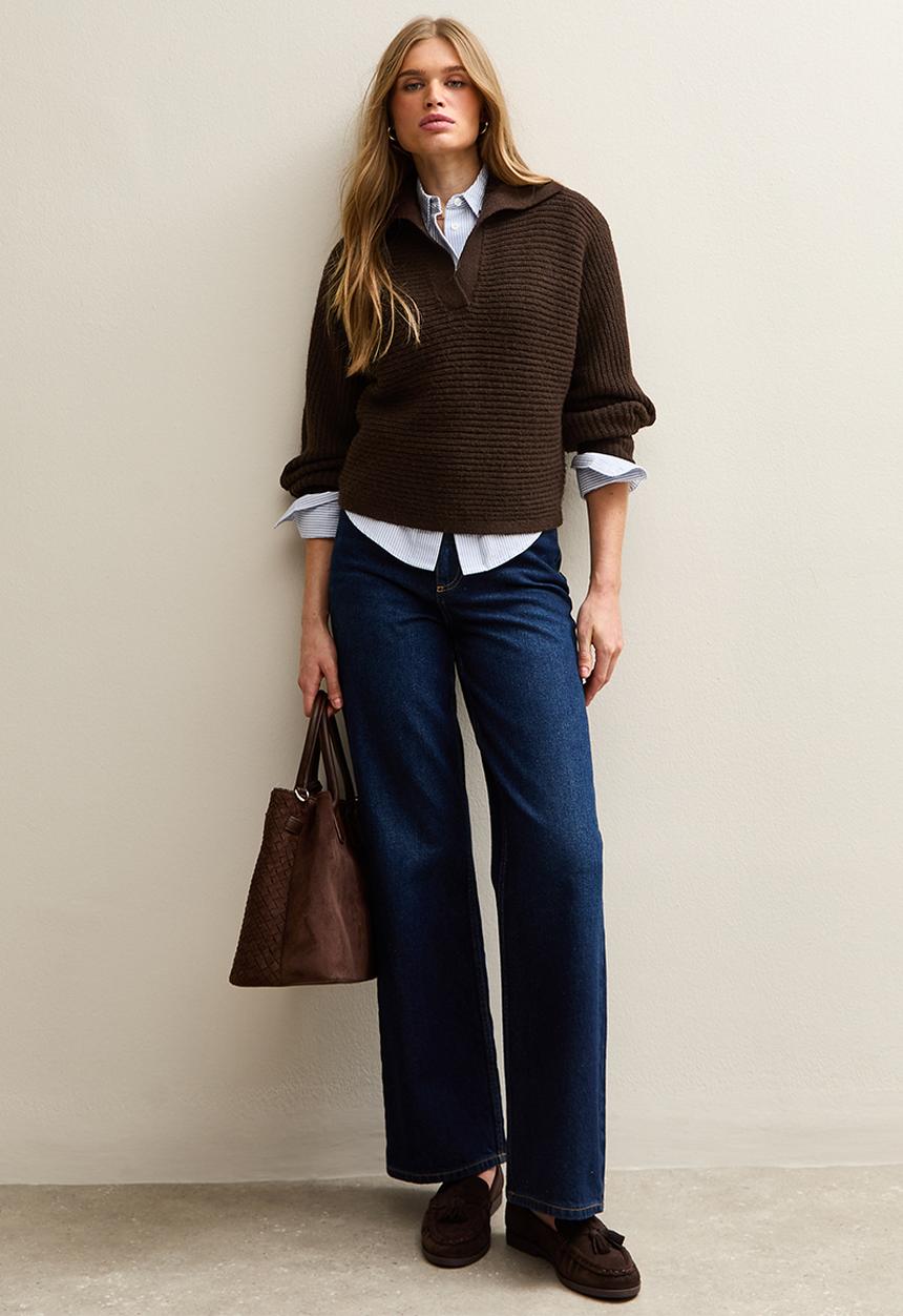 New Look - Stitchy Polo Batwing Jumper - dk brown