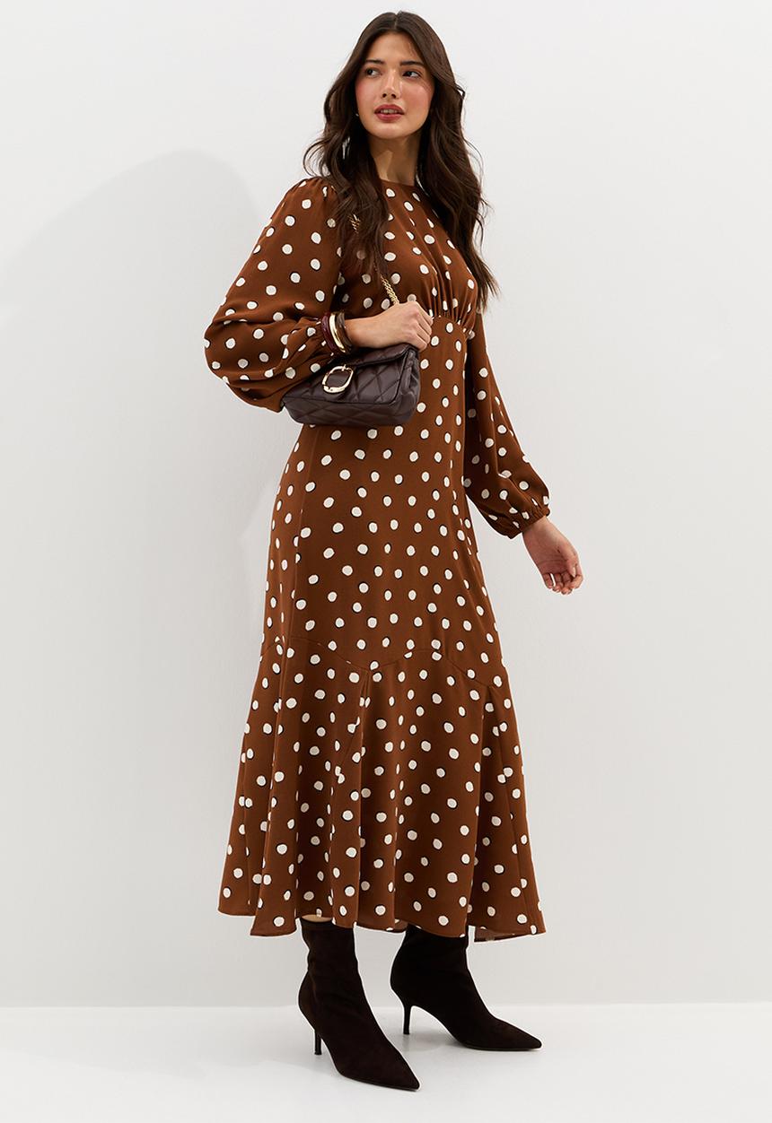 New Look - Dotty spot godet midi - brown