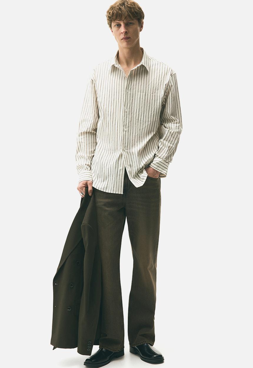 H&M - Relaxed fit poplin shirt - cream & dark beige striped