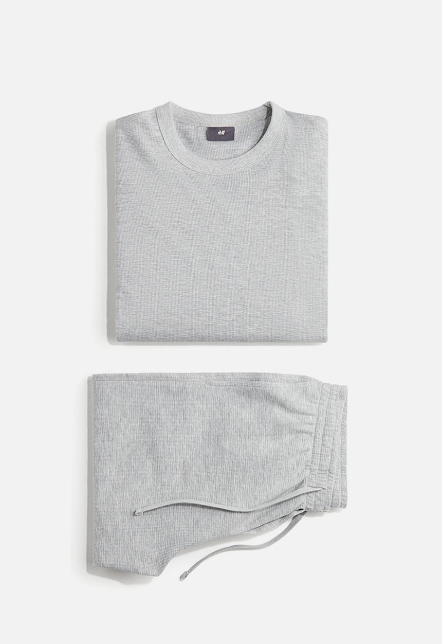 H&M - Waffled cotton pyjama top and bottoms - grey marl