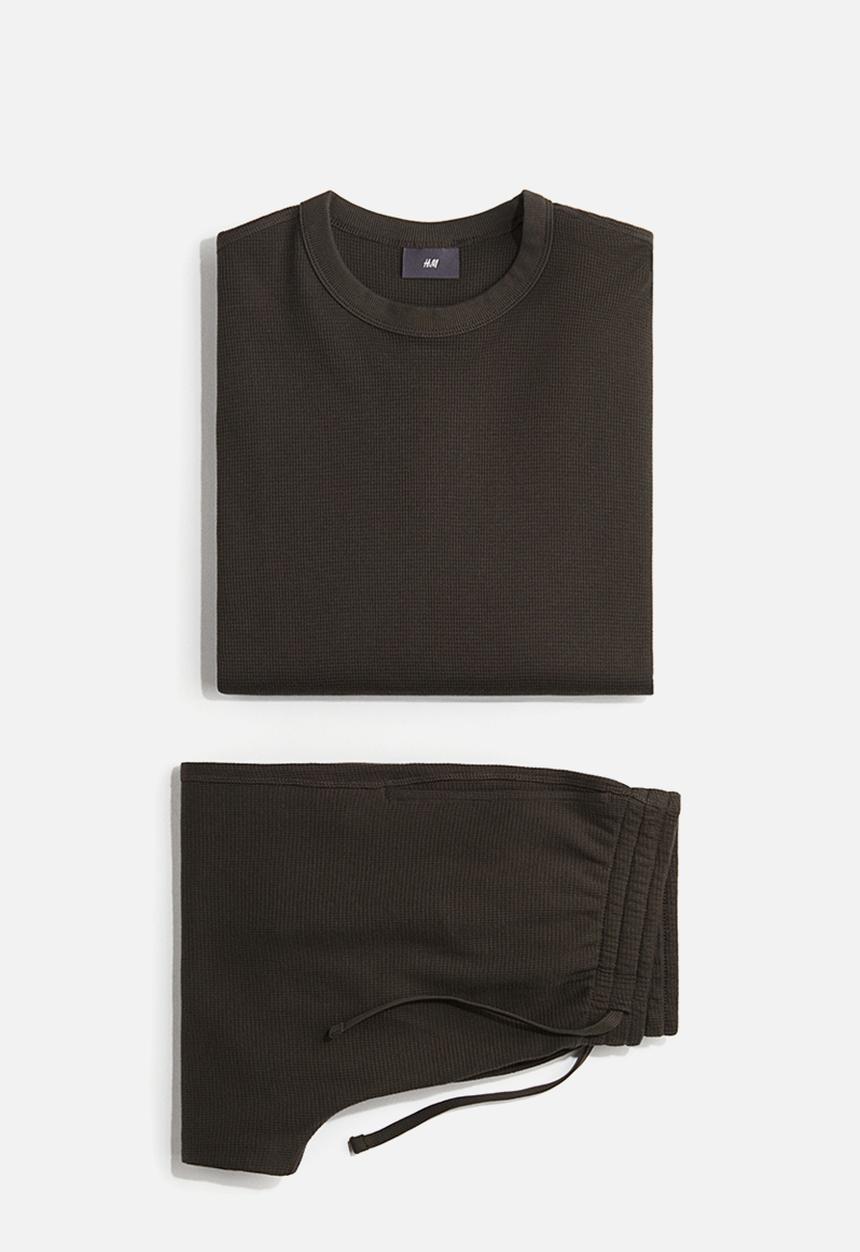 H&M - Waffled cotton pyjama top and bottoms - dark green