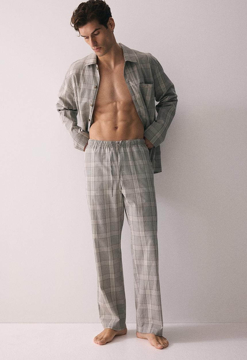 H&M - Poplin pyjama shirt and bottoms - greige checked