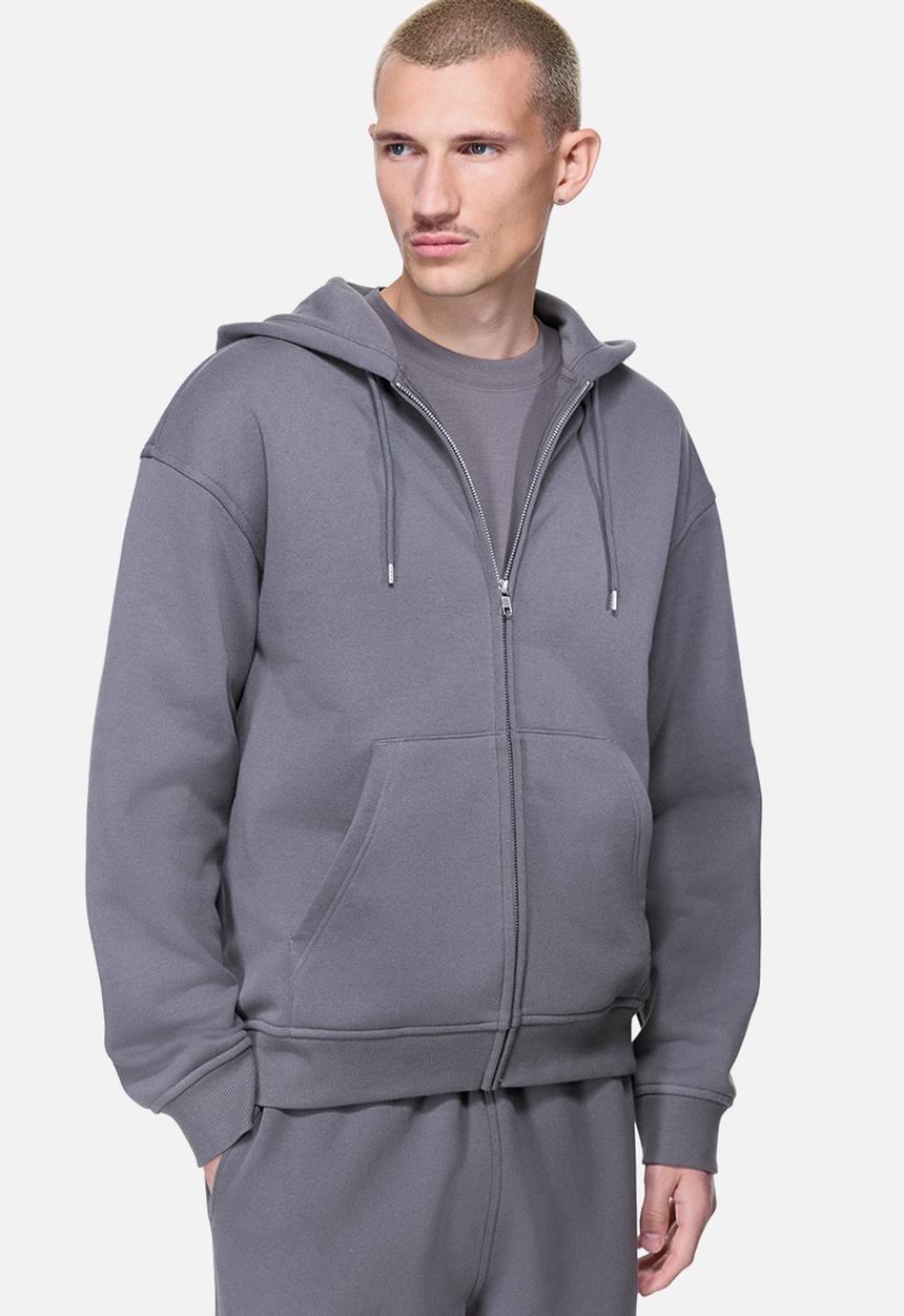 Loose fit zip-through hoodie - dark grey - 1308010001