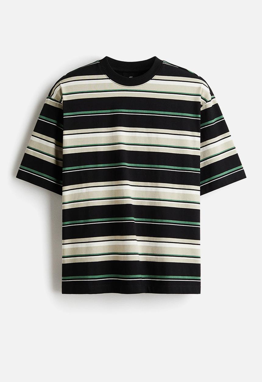 H&M - Loose fit t-shirt - light beige & green striped