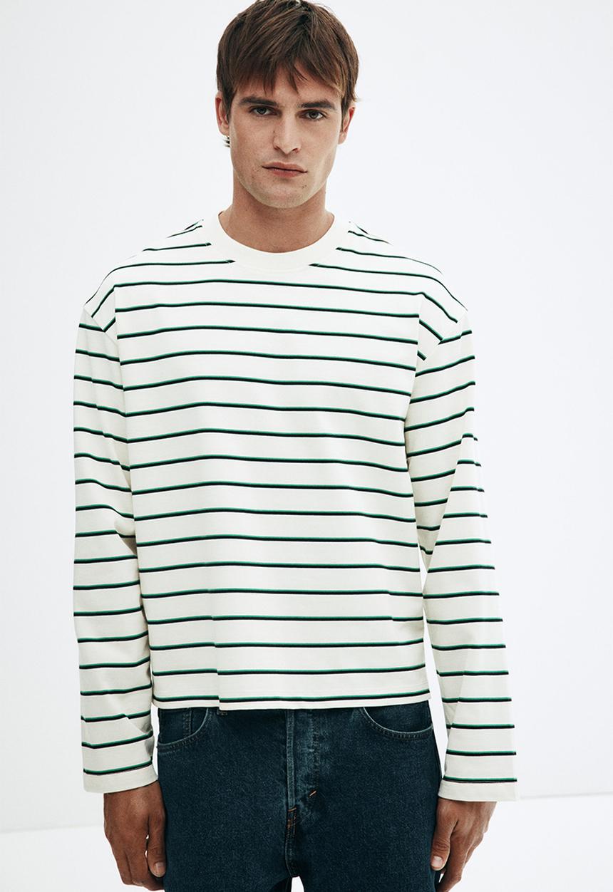 H&M - Loose fit long-sleeved jersey top - green & white striped