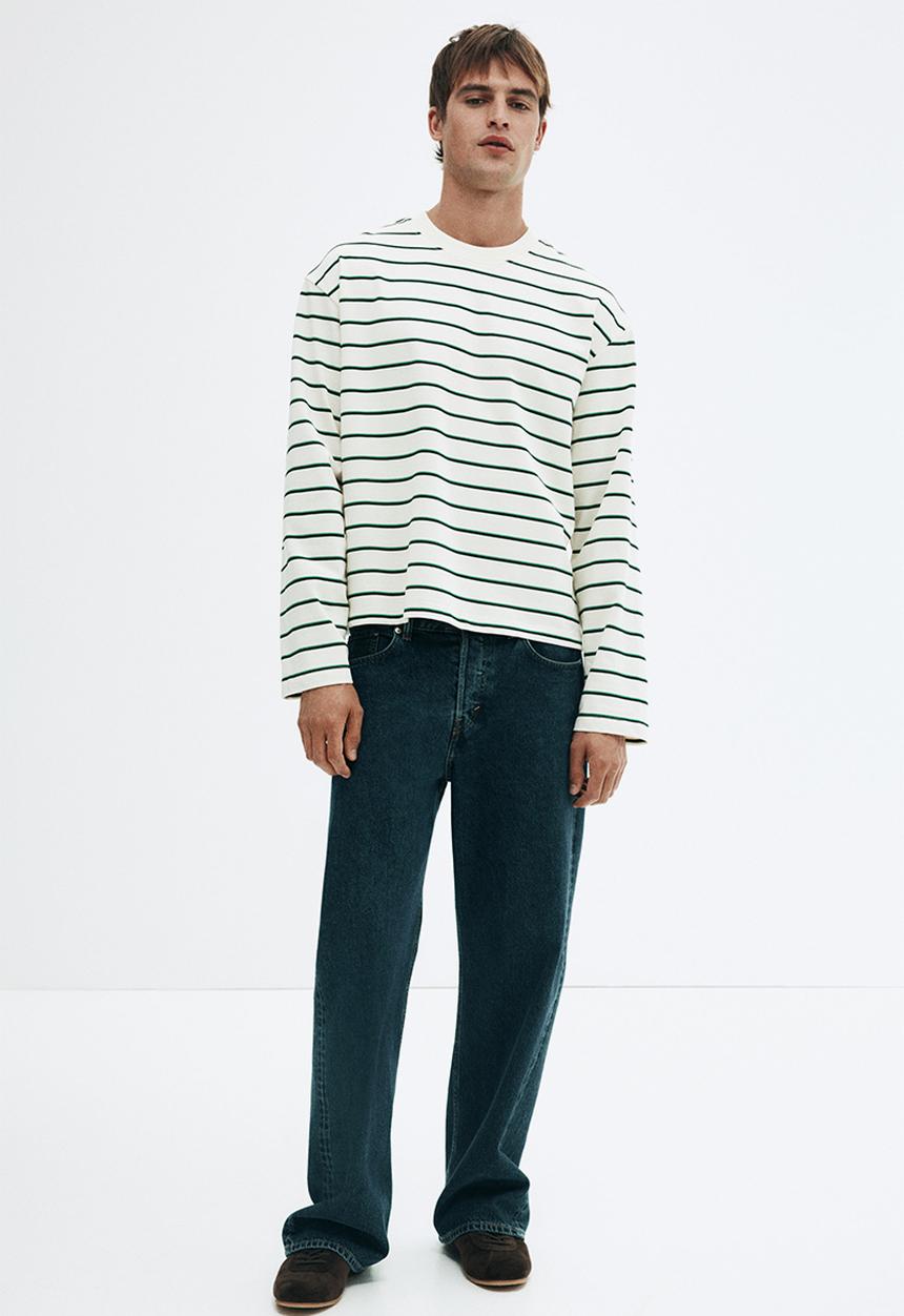 H&M - Loose fit long-sleeved jersey top - green & white striped