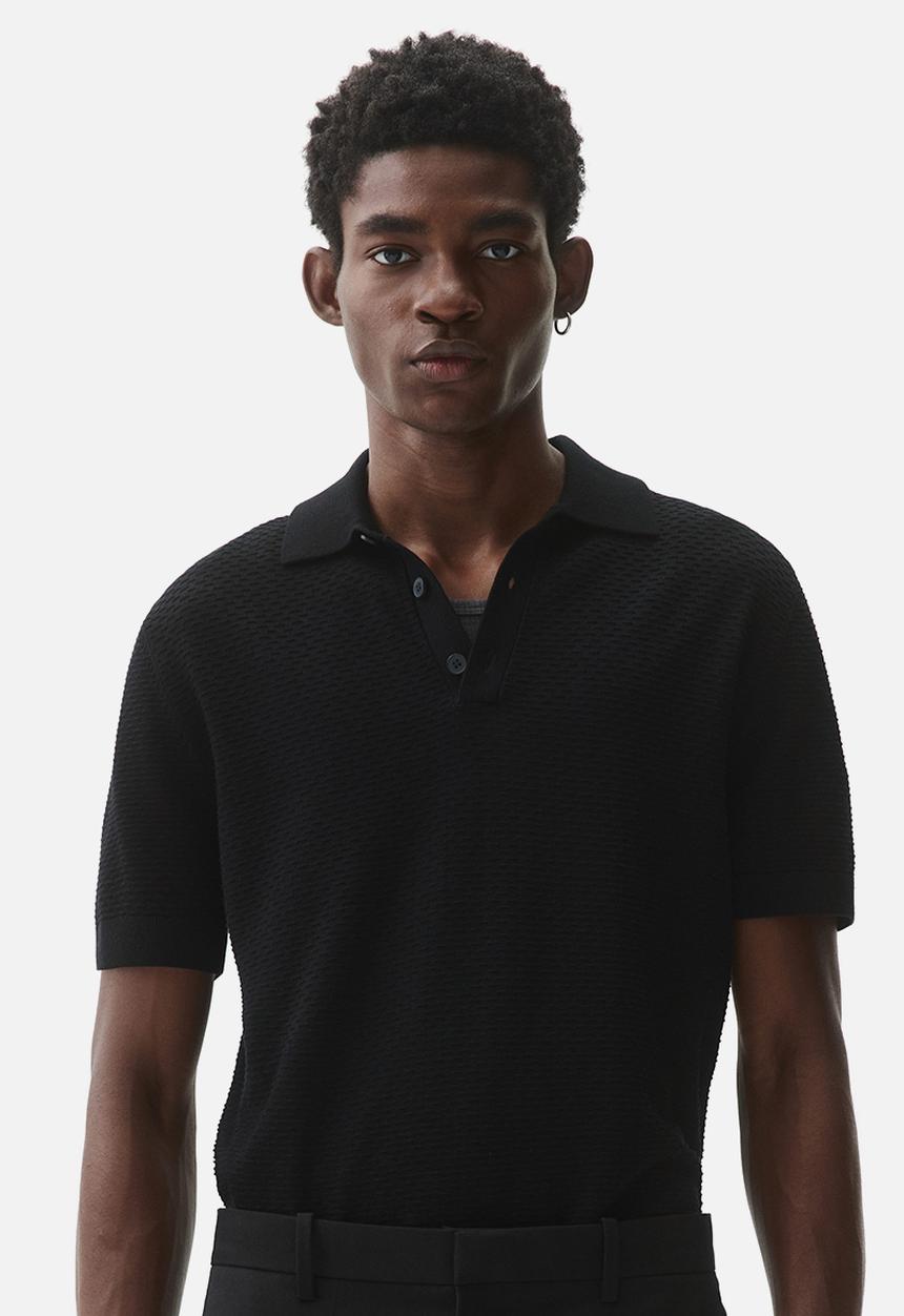 H&M - Slim fit textured polo shirt - black