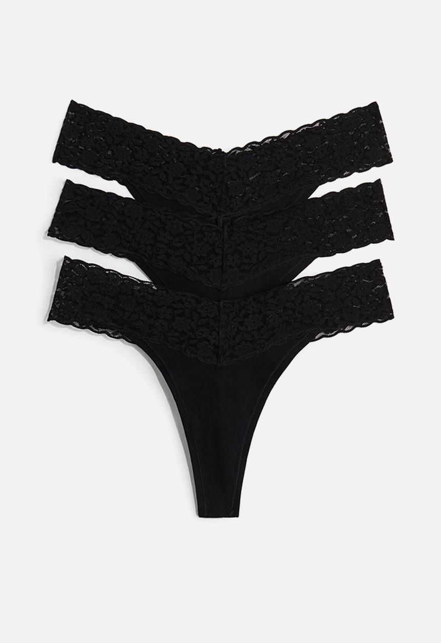 H&M - 3-Pack cotton and lace thong briefs - black