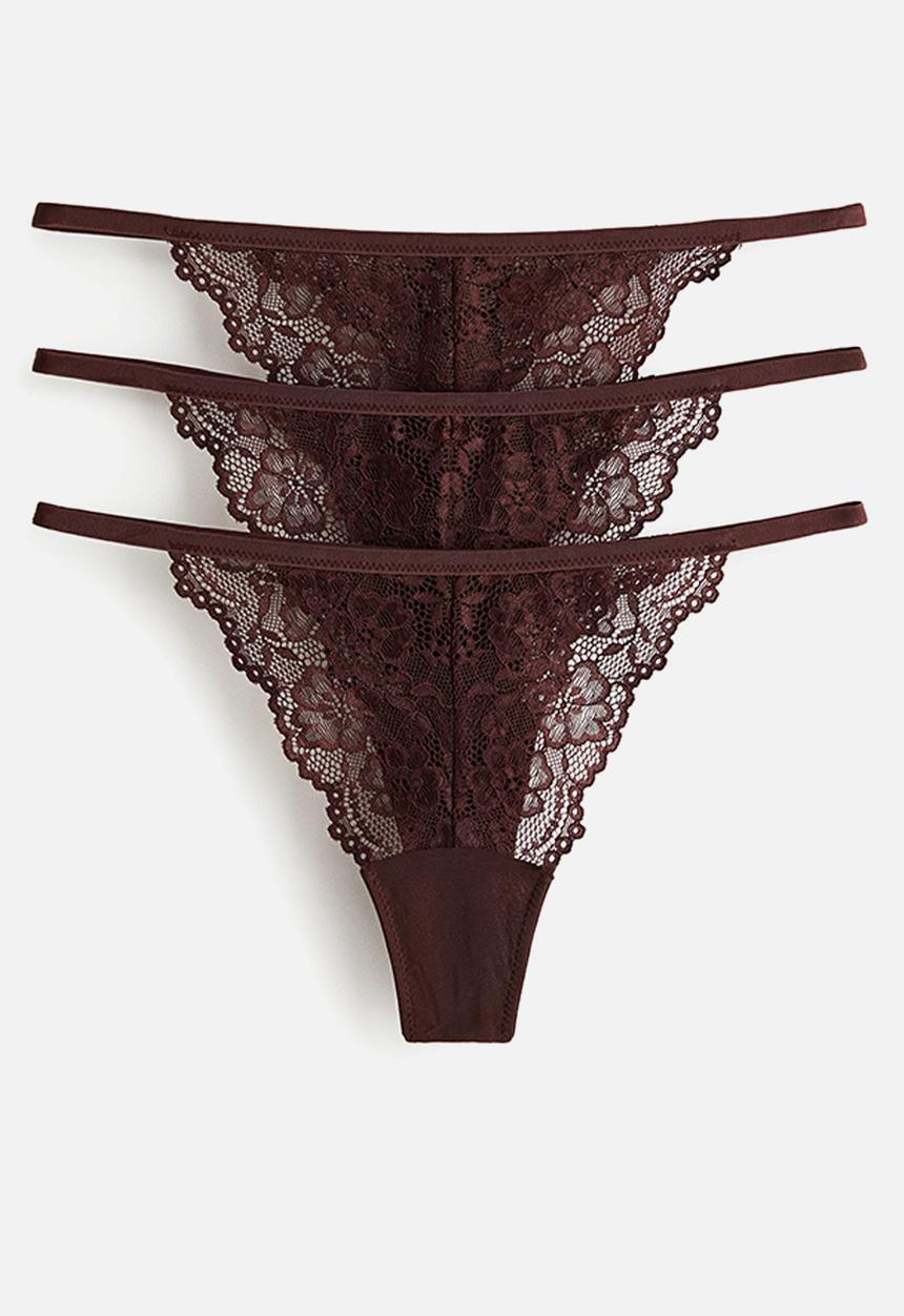 H&M - 3-pack lace tanga thong briefs - brown