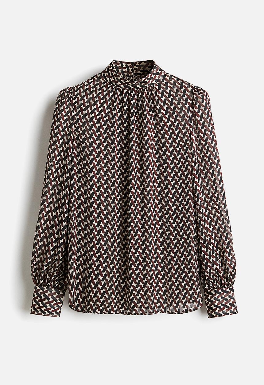 H&M - Stand-collar blouse - dark brown patterned