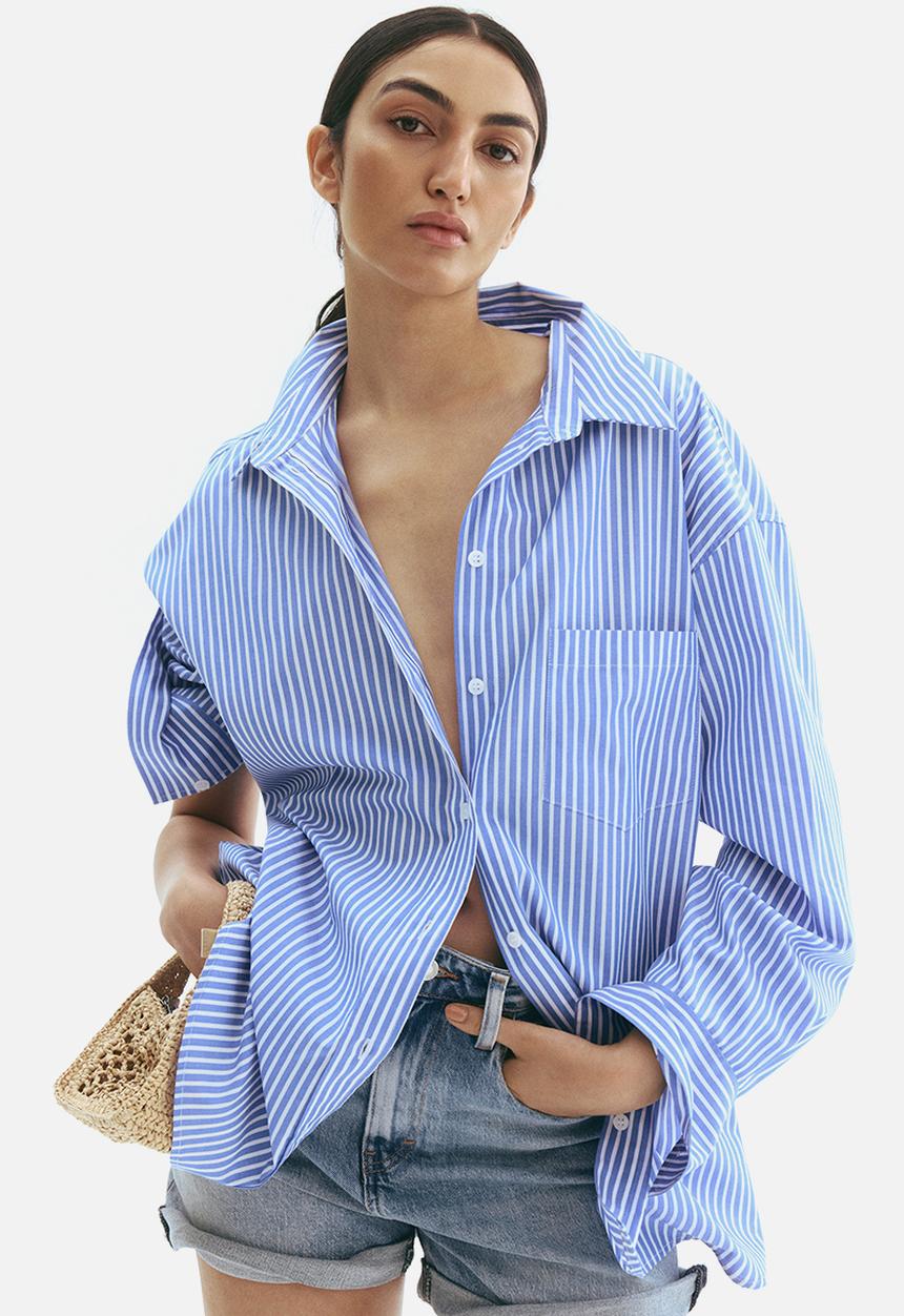 H&M - Oversized cotton poplin shirt - blue & white striped