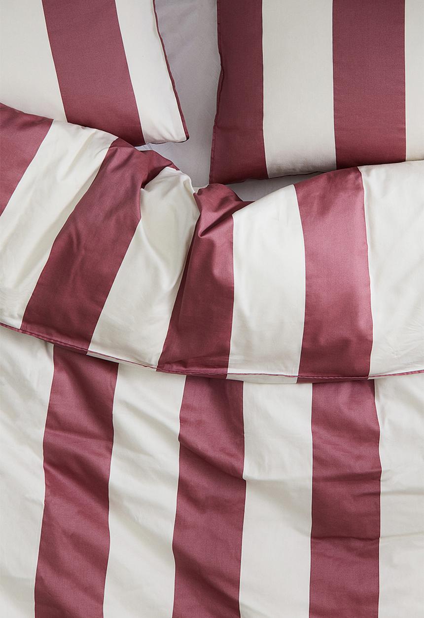 H&M - Cotton sateen double/king duvet cover set - dusty pink/striped