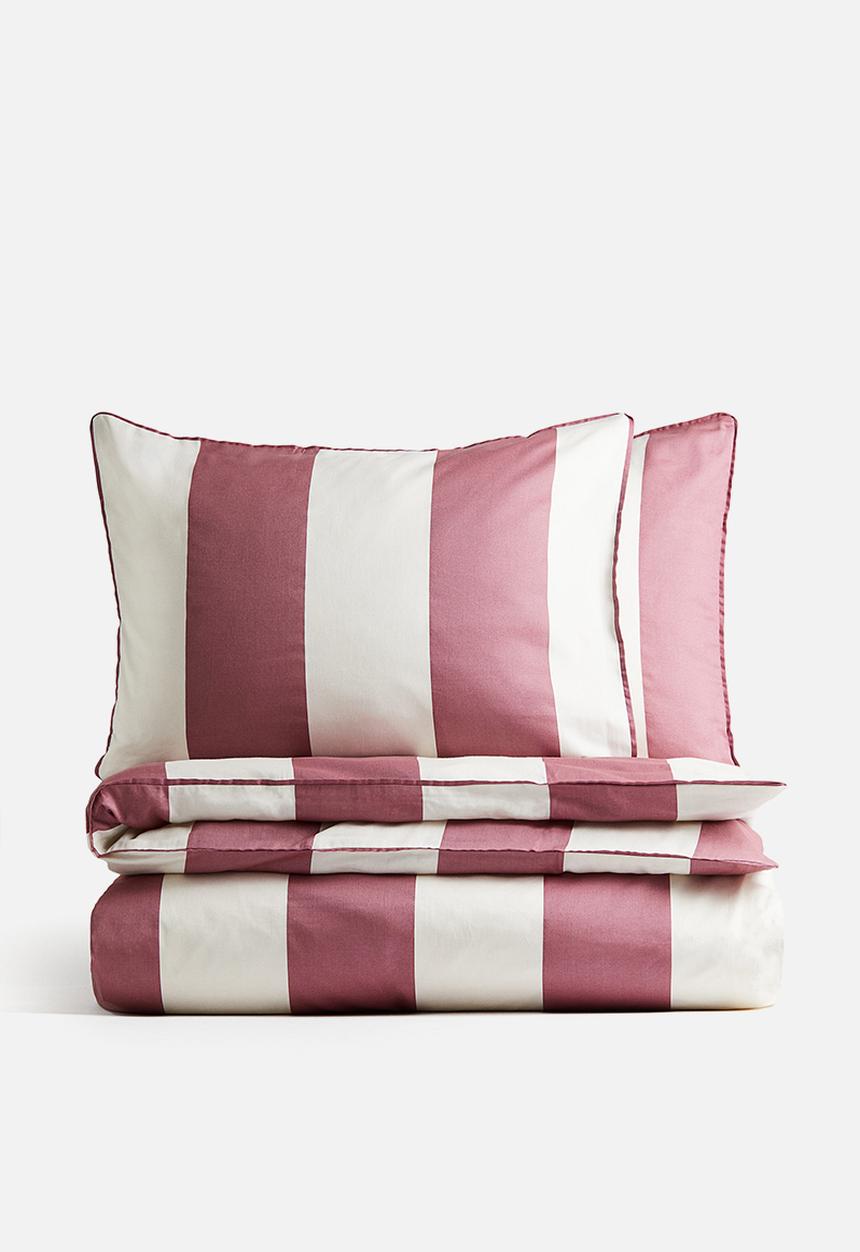 H&M - Cotton sateen double/king duvet cover set - dusty pink/striped