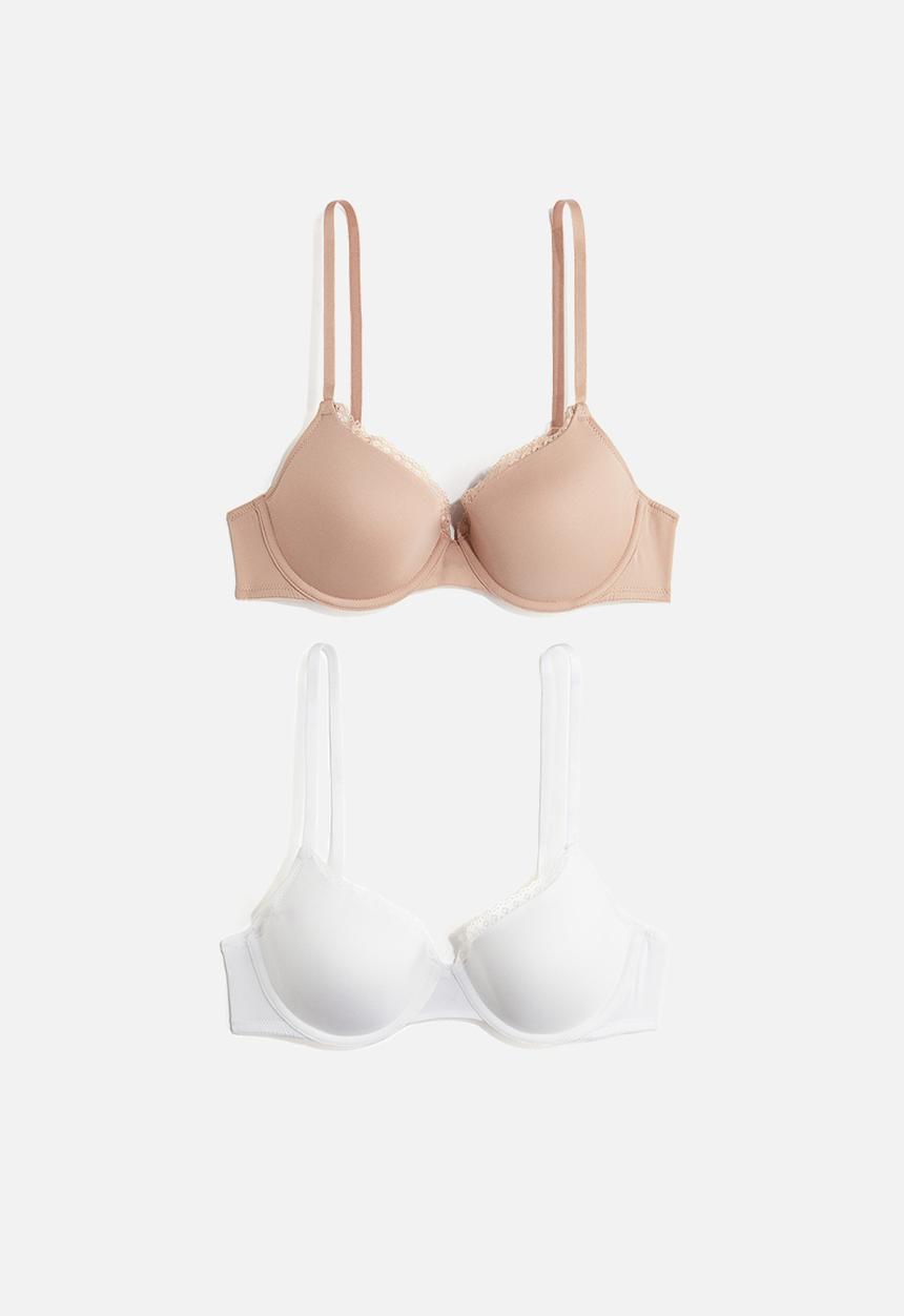 H&M - 2-pack padded underwired microfibre bras -  white/beige 