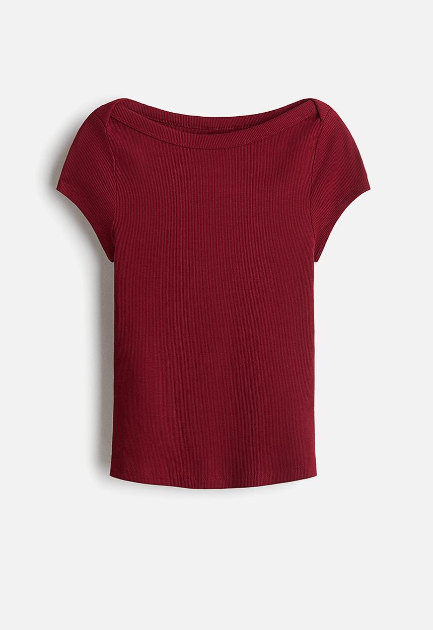 H&M - Ribbed boat-neck top - dark red 