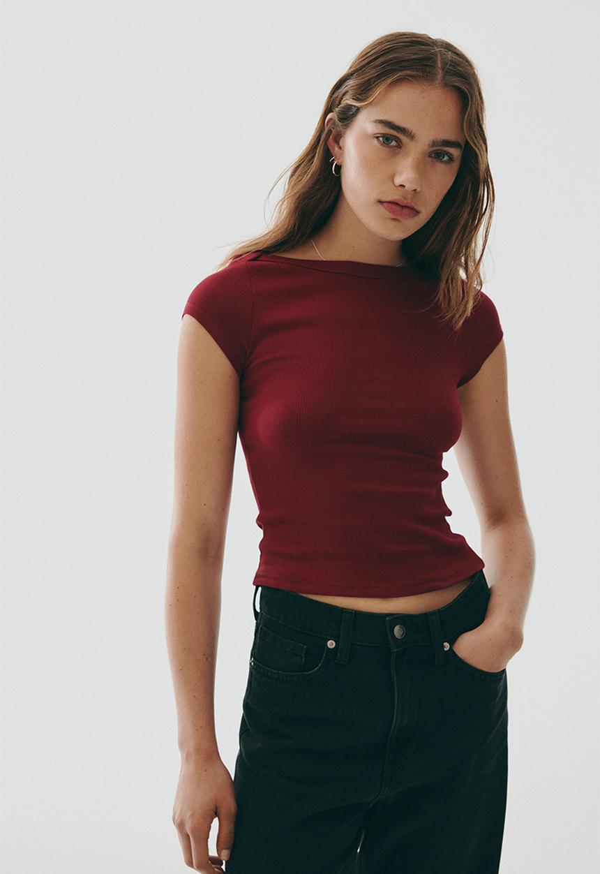 H&M - Ribbed boat-neck top - dark red 