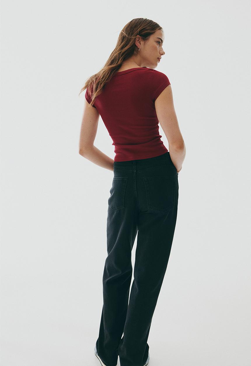 H&M - Ribbed boat-neck top - dark red 