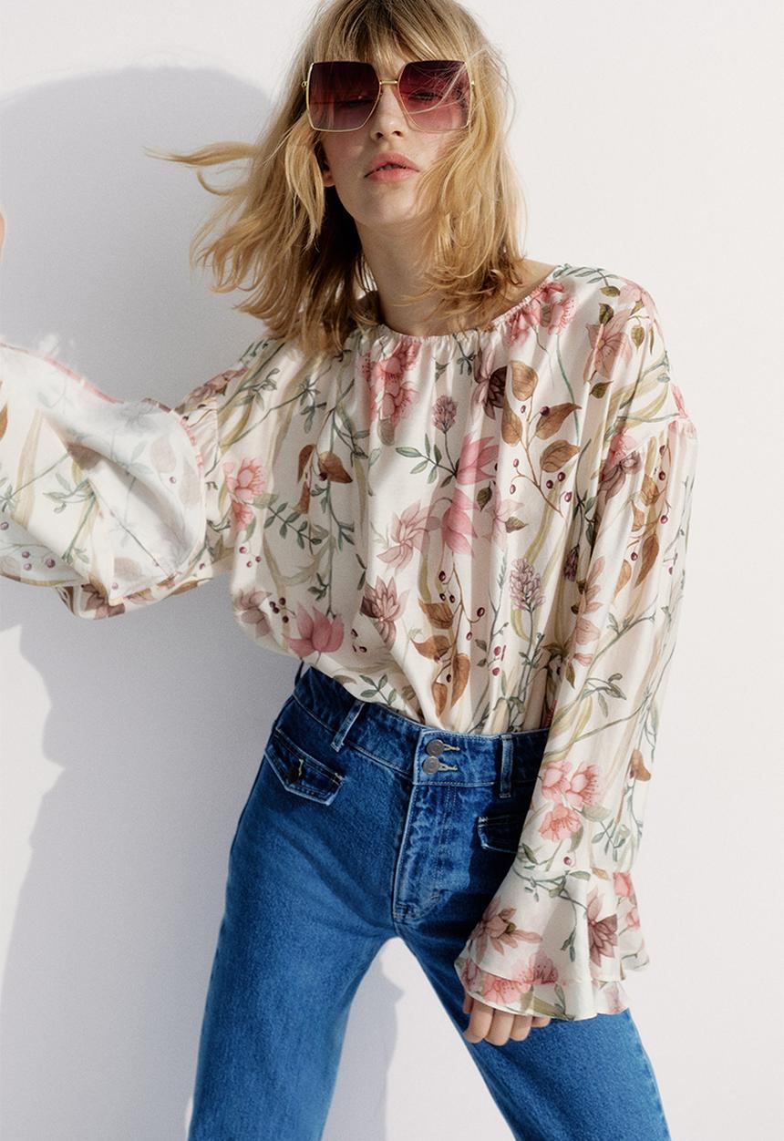 H&M - Flounce-cuff blouse - light beige floral