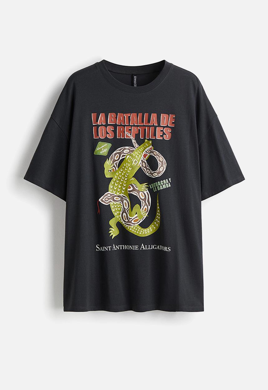 H&M - Oversized printed T-shirt - dark grey/alligator