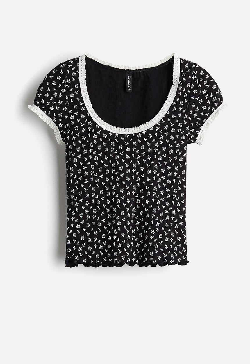 H&M - Lace-trimmed top - black/floral 