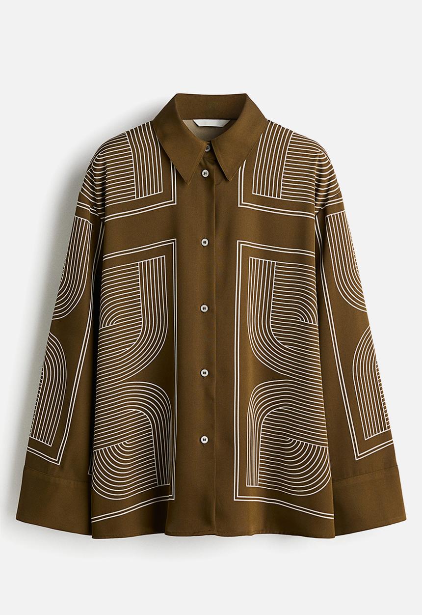 H&M - Oversized twill shirt - dark khaki green patterned 