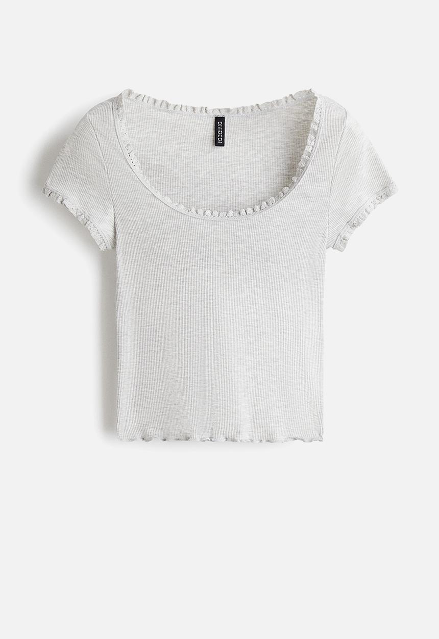 H&M - Lace-trimmed top - light grey marl
