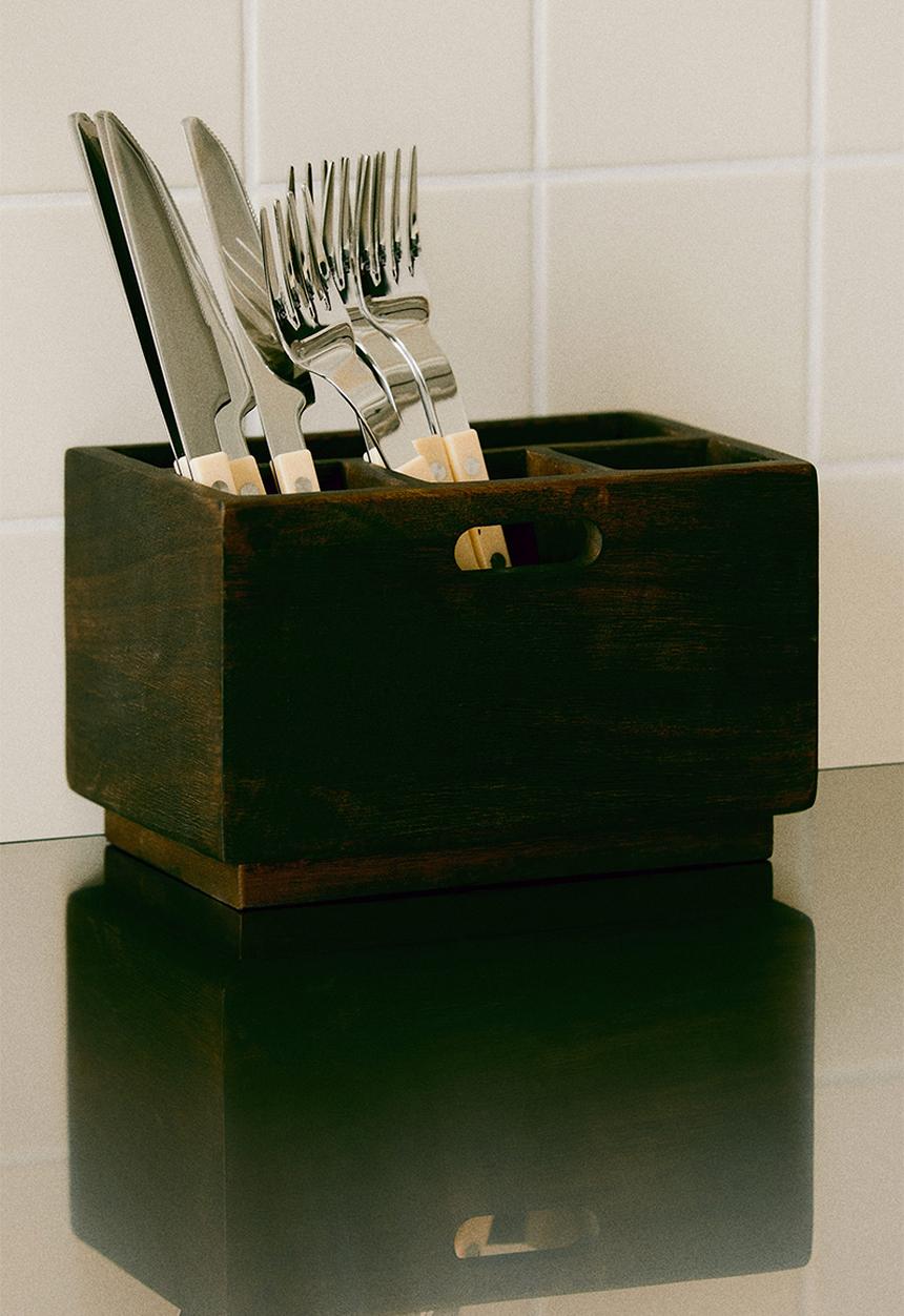 H&M - Mango wood cutlery holder - brown