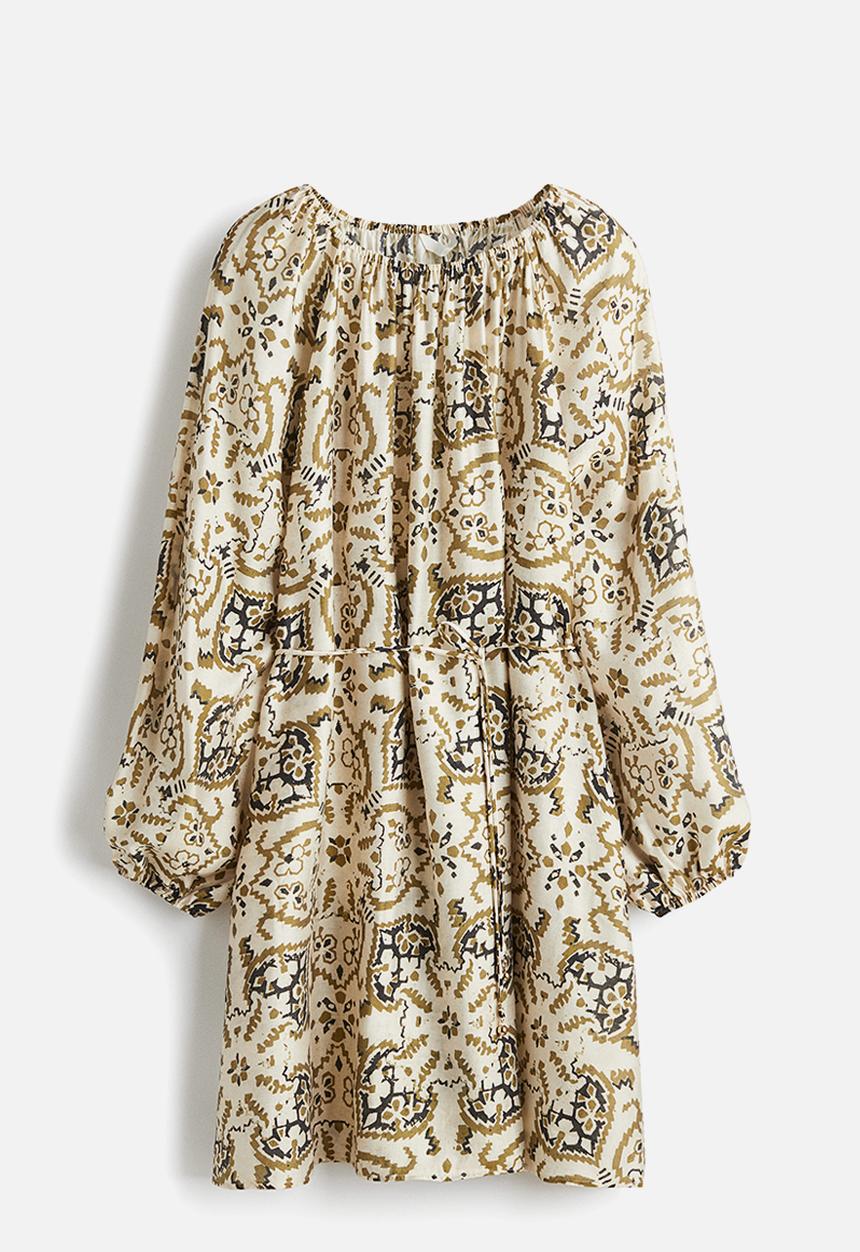 H&M - Oversized tie-belt dress - light beige patterned