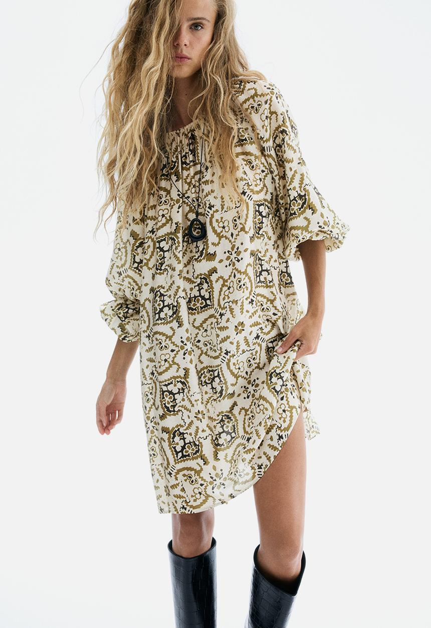 H&M - Oversized tie-belt dress - light beige patterned