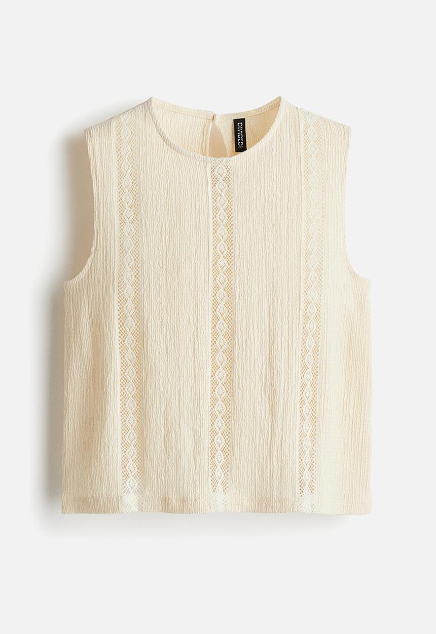 H&M - Crinkled lace-detail blouse - light beige
