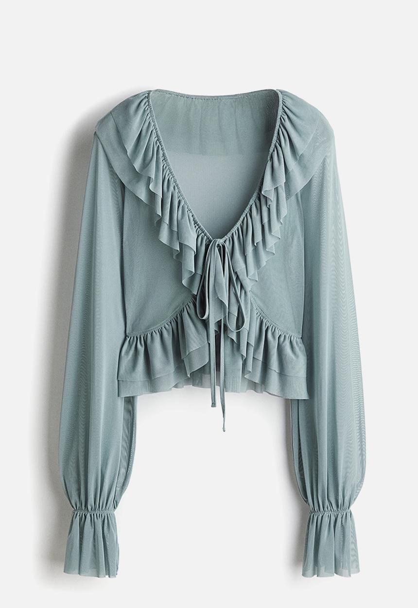 H&M - Frill-trimmed mesh blouse - dusty turquoise