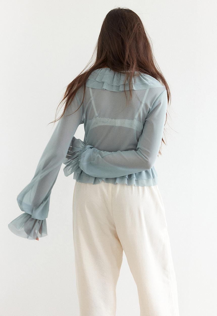 H&M - Frill-trimmed mesh blouse - dusty turquoise