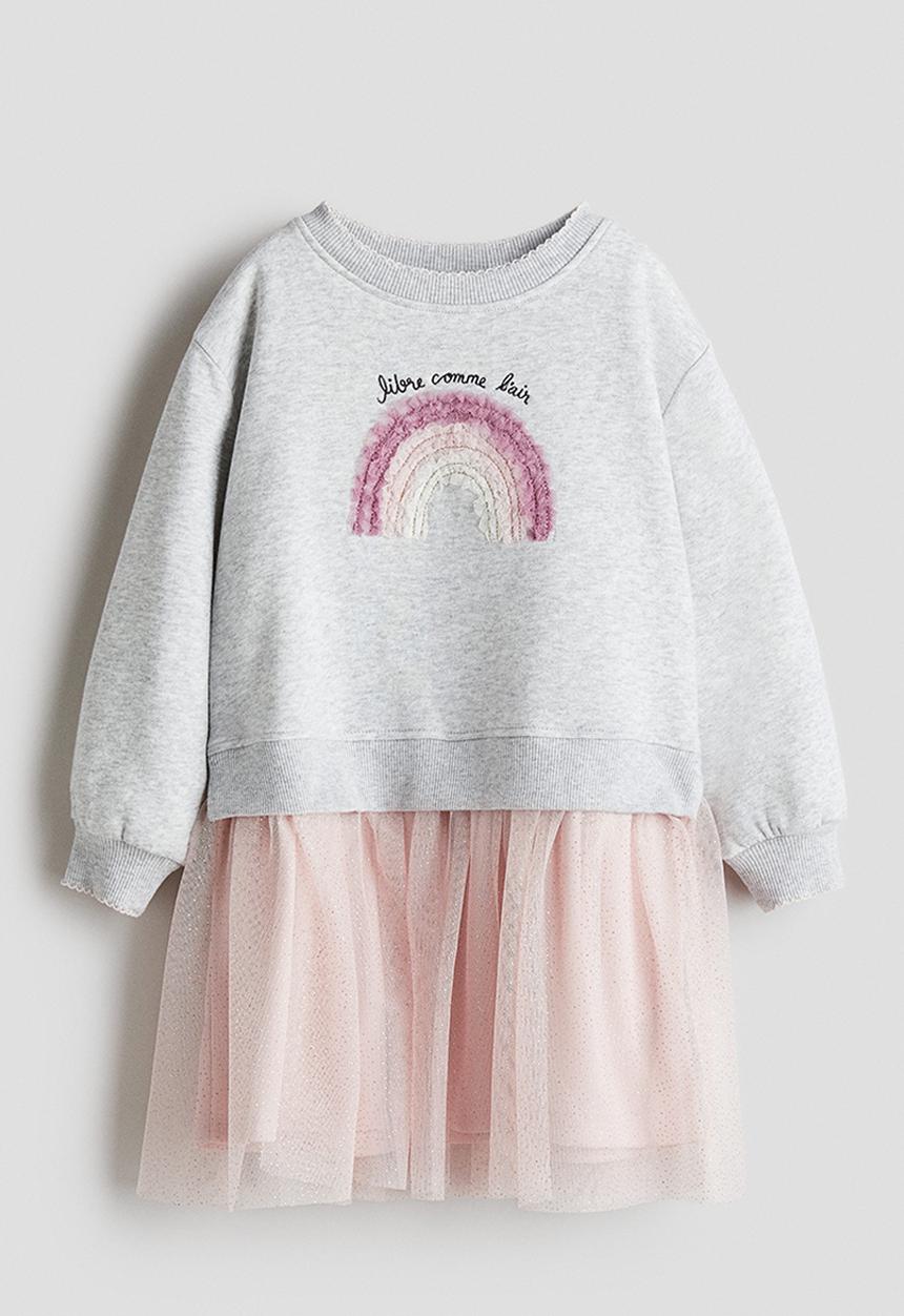 H&M - Tulle-skirt sweatshirt dress - light grey marl/rainbow 