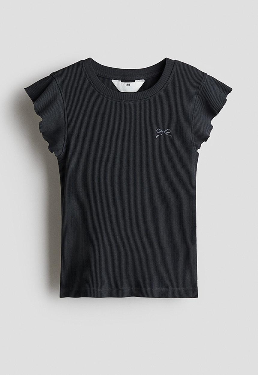 H&M - Ribbed flutter-sleeved top - dark grey