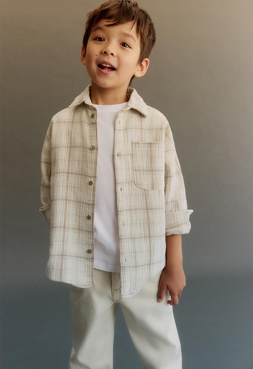 H&M - Cotton muslin shirt - light beige/checked 